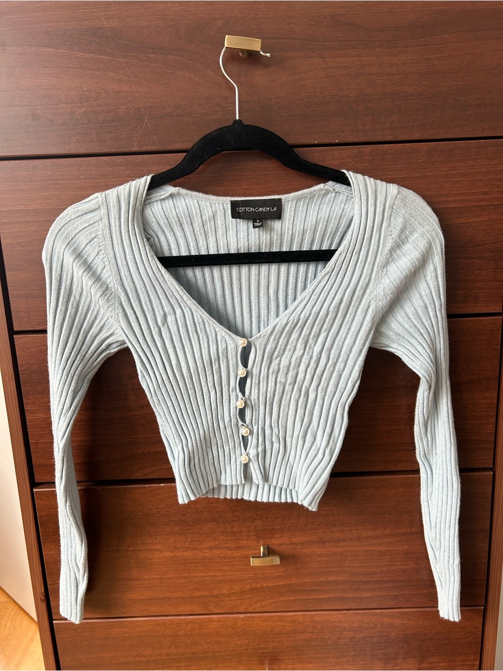 Cotton Candy LA Ribbed Pearl Button-Front Crop Cardigan in Light Blue